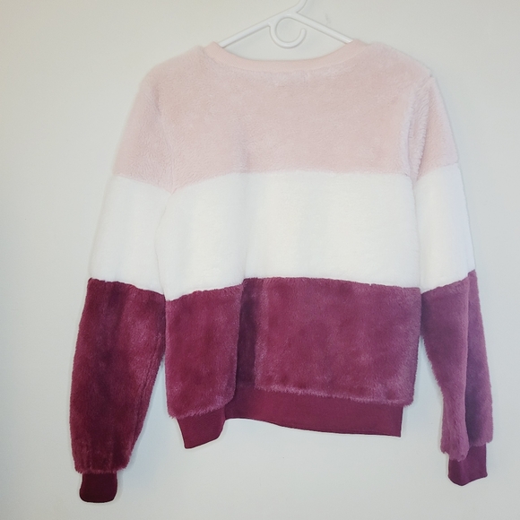 Almost Famous Womens Medium Colorblock Faux Fur Sweater Pink White Maroon Cozy - Picture 2 of 8